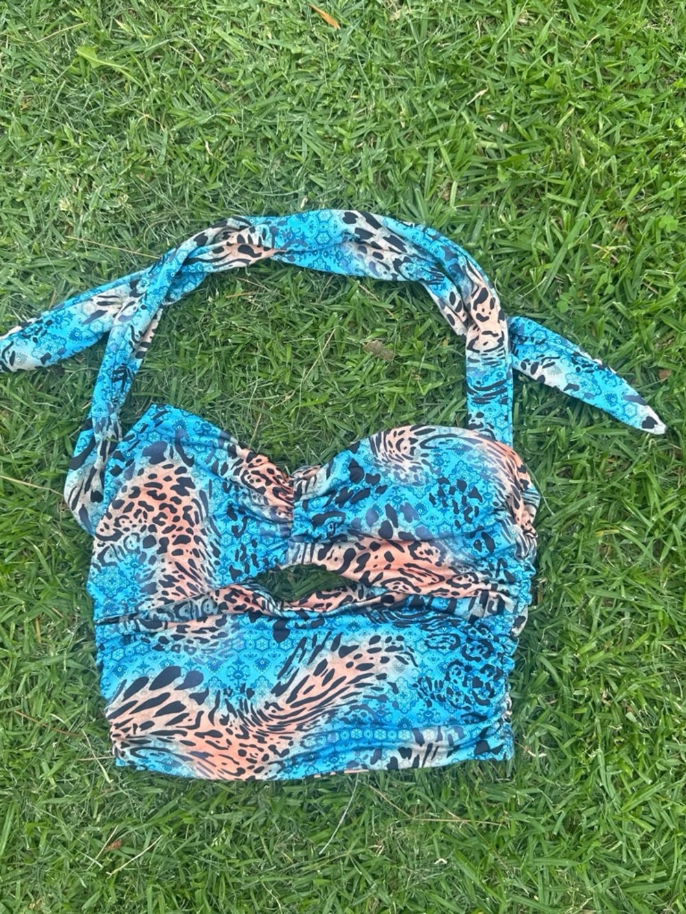 I.AM.GIA Blue and Peach Animal Print Halter Bikini Top